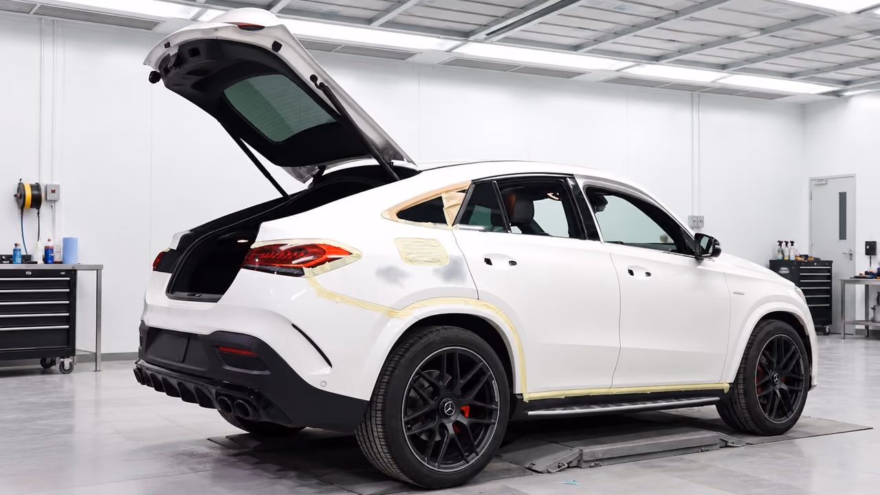 Witte Mercedes AMG met afplaktape in de detailingwerkplaats, klaar voor behandeling