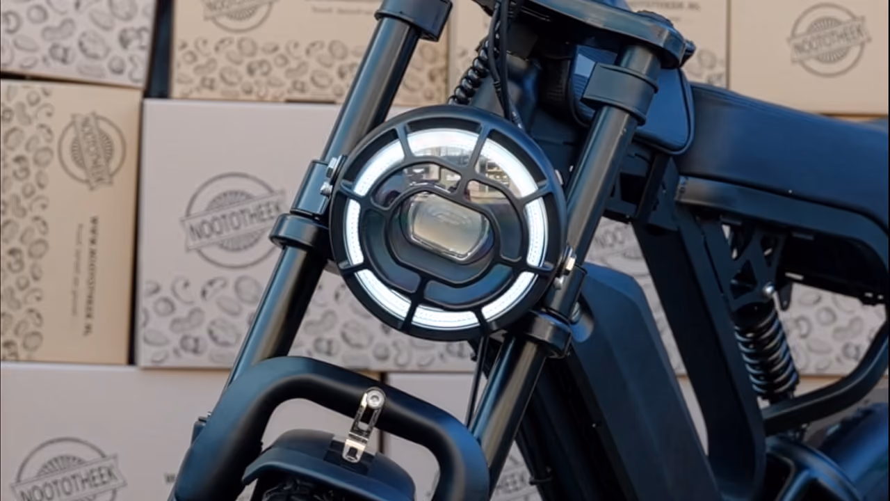 Koplamp van een fatbike voor een stapel Noototheek-dozen
